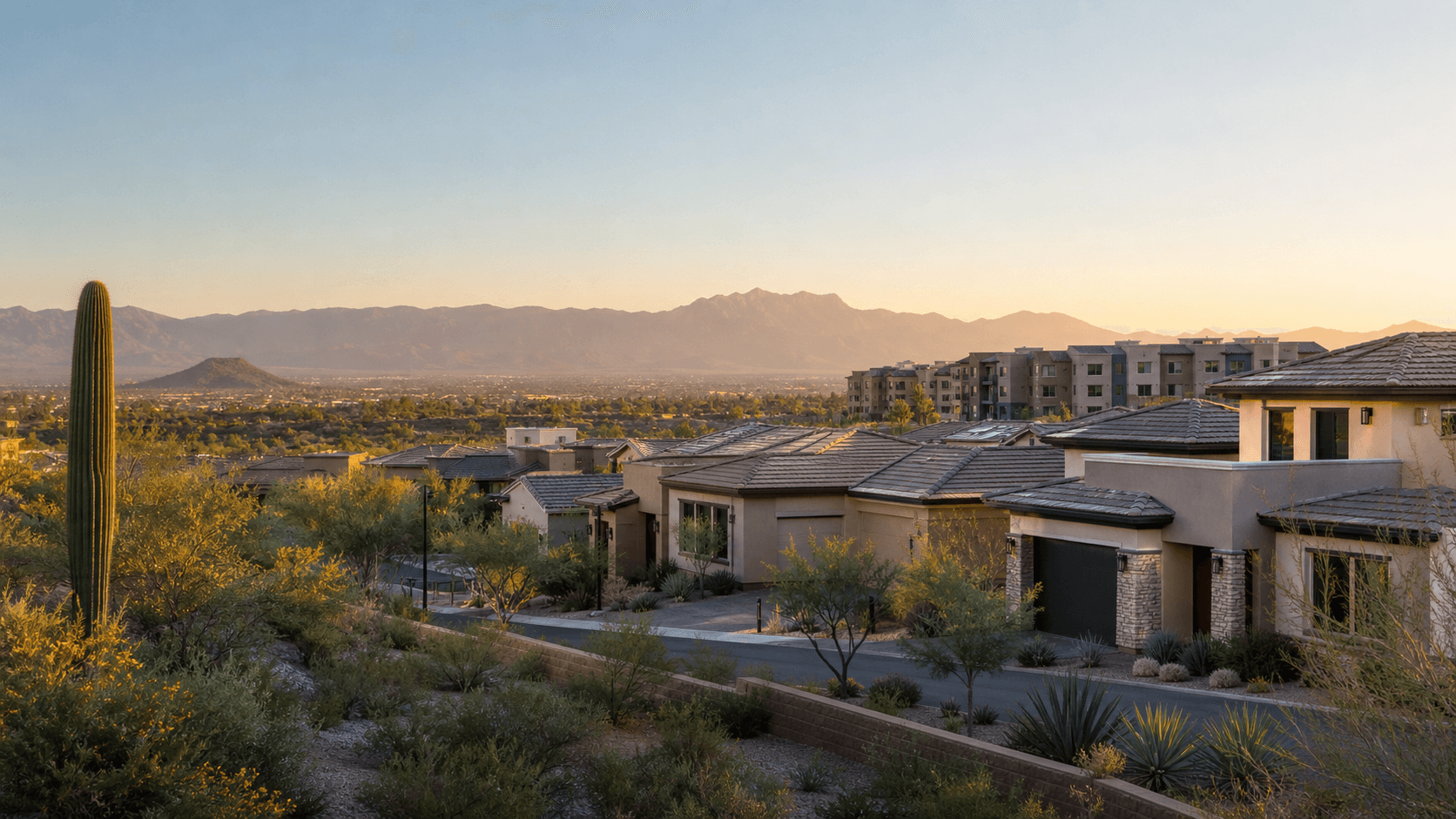 Homes and apartment communities in the Maricopa desert at sunset