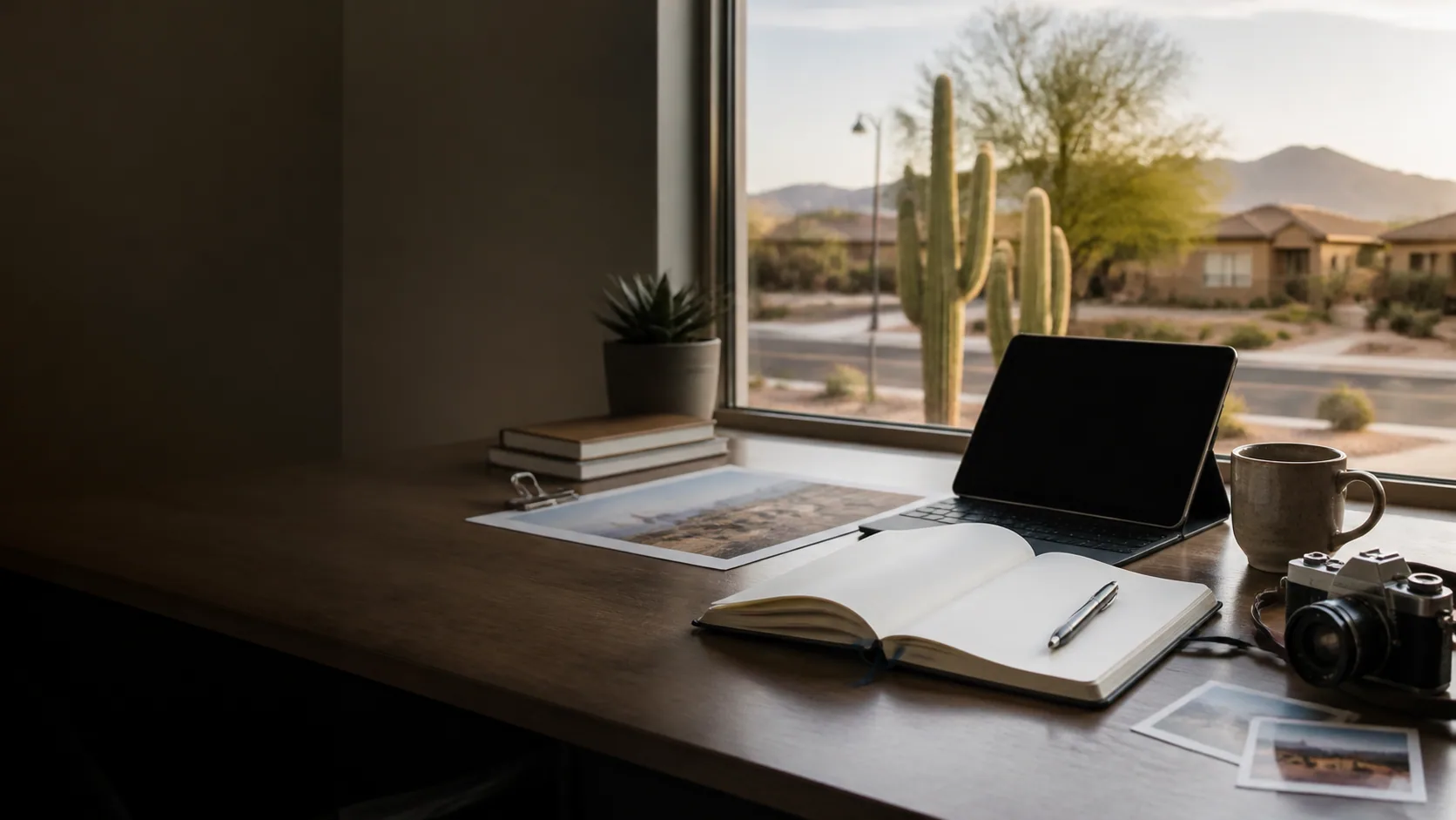 An editorial workspace overlooking a Maricopa neighborhood