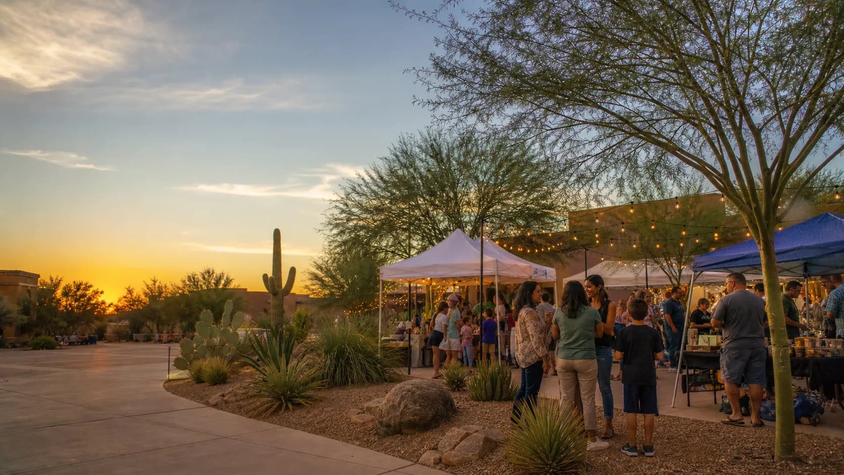 Neighbors gathering at an outdoor community market in Maricopa