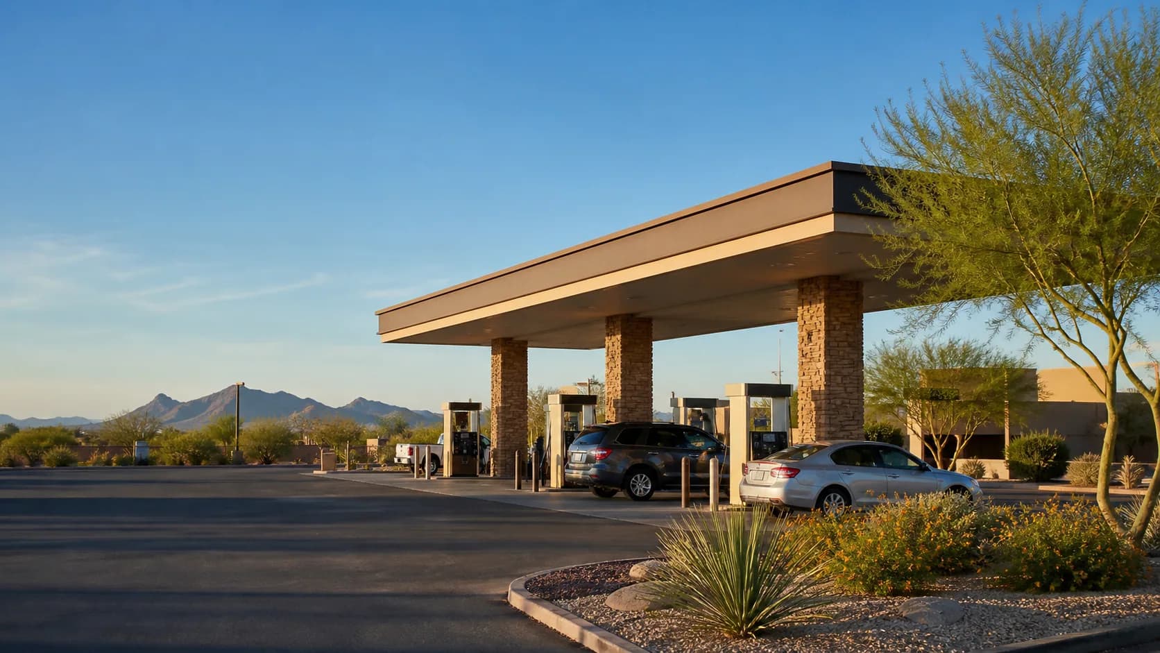 A clean modern fuel station with desert landscaping in Maricopa