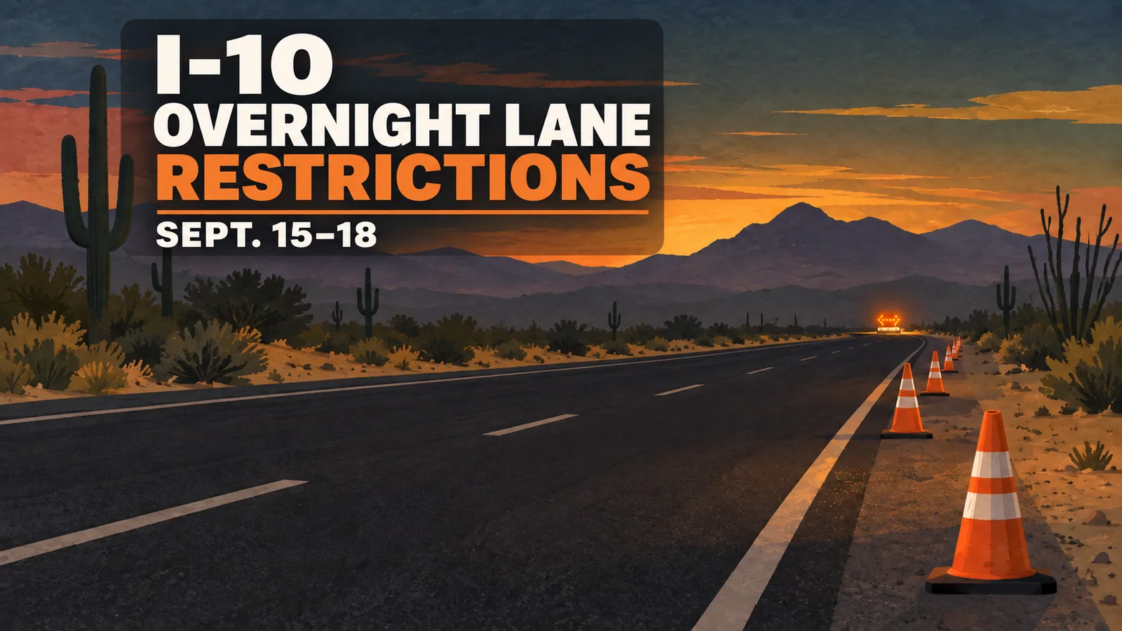 Desert highway illustration with traffic cones and headline I-10 Overnight Lane Restrictions, Sept. 15-18.
