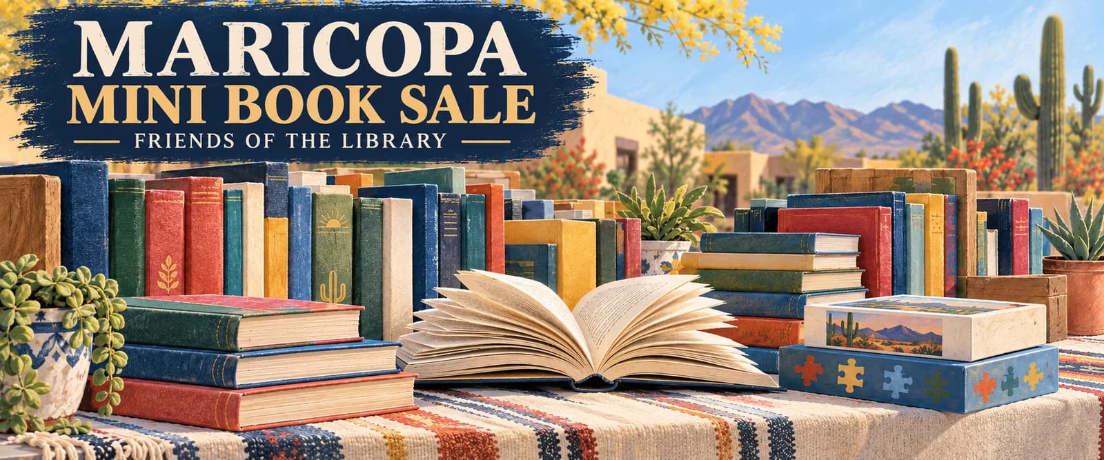 Books and puzzles in an illustrated desert scene with headline Maricopa Mini Book Sale, Friends of the Library.