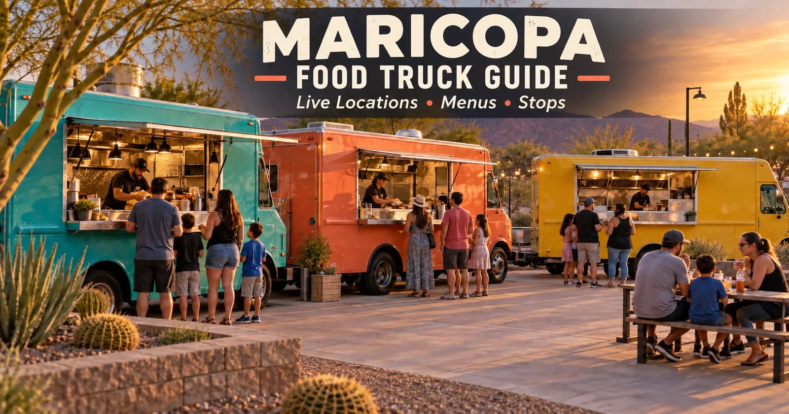 Food trucks at sunset with headline Maricopa Food Truck Guide: Live Locations, Menus, Stops.