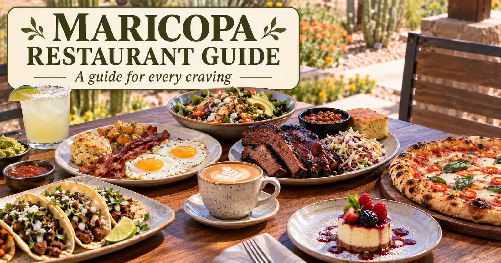 Restaurant dishes on an Arizona patio with headline Maricopa Restaurant Guide: A guide for every craving.