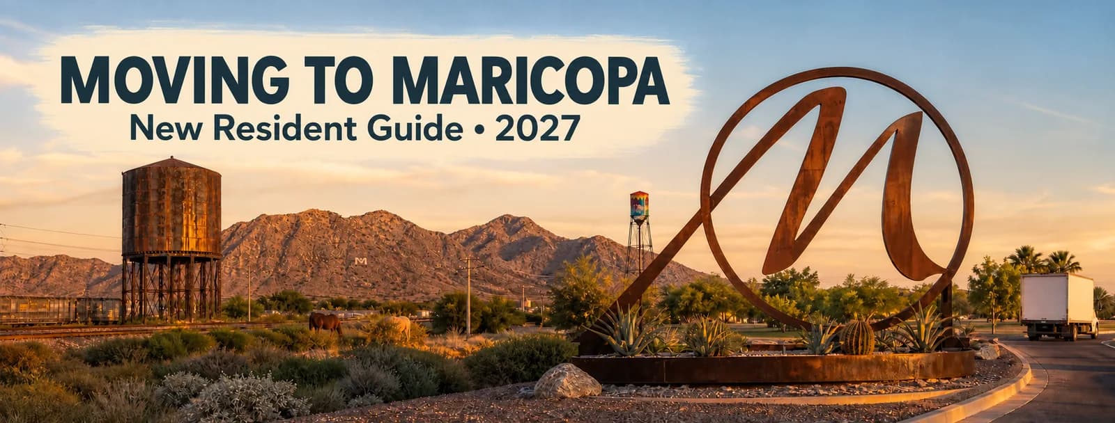 Maricopa water towers, M sculpture, mountain, horses and moving truck with headline Moving to Maricopa: New Resident Guide 2027.