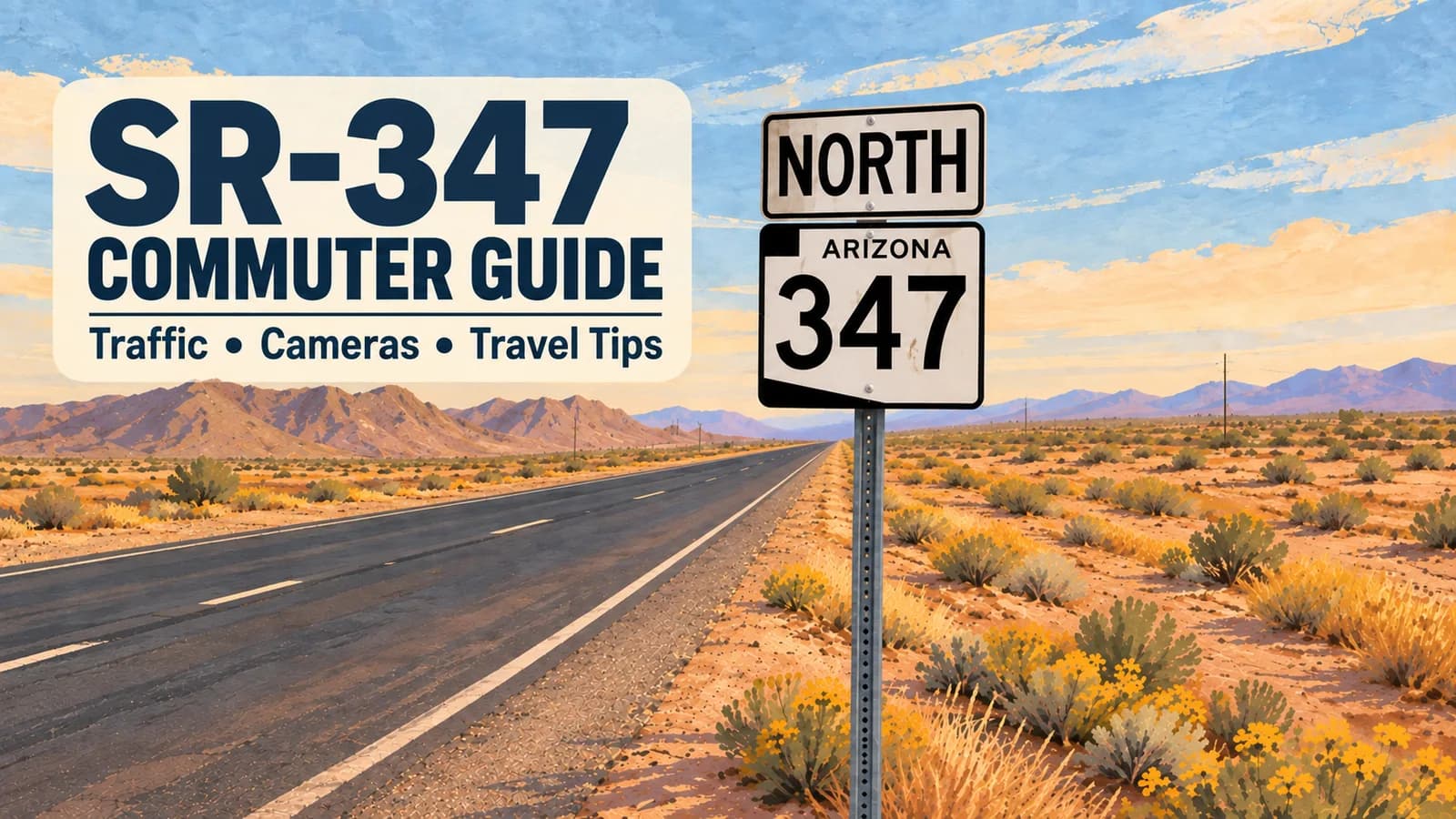Illustrated SR-347 road sign and highway with headline SR-347 Commuter Guide: Traffic, Cameras, Travel Tips.