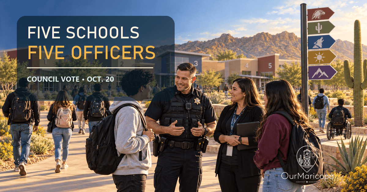 Illustrated Maricopa school campus with students, an officer and school staff, five numbered campus buildings, and the headline Five Schools, Five Officers.