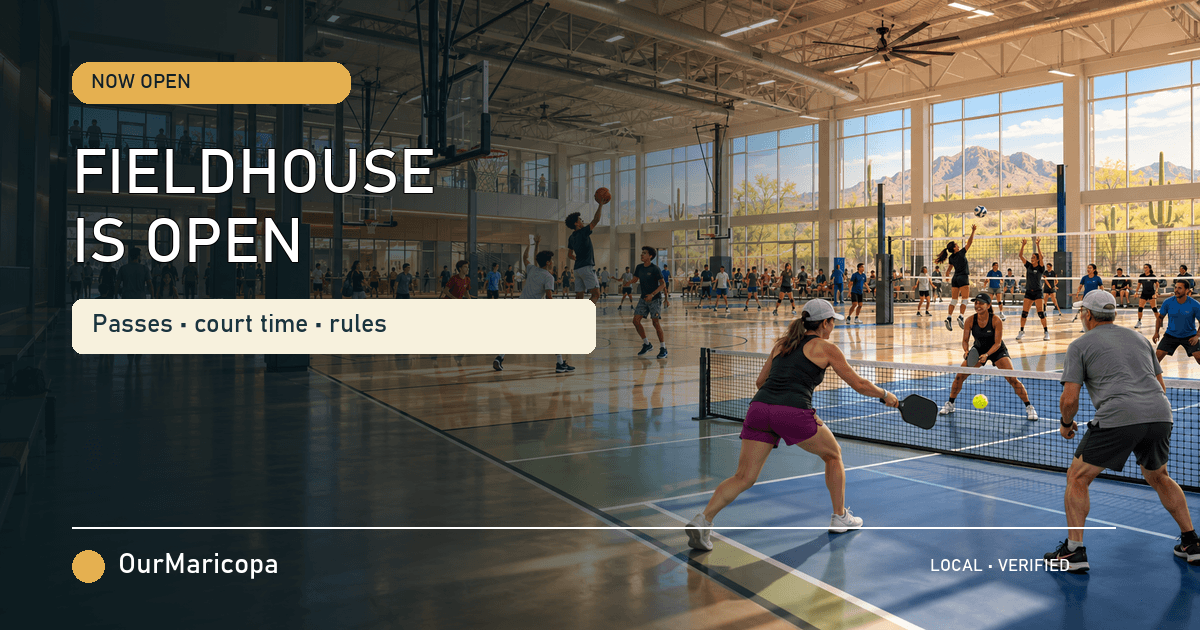 Indoor Maricopa Fieldhouse courts with basketball, volleyball and pickleball, labeled Fieldhouse Is Open.