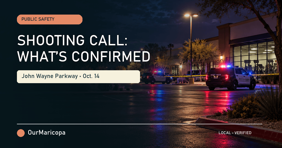 Original nighttime illustration of police vehicles and tape in a generic Maricopa shopping-center parking lot, labeled Shooting Call: What’s Confirmed.