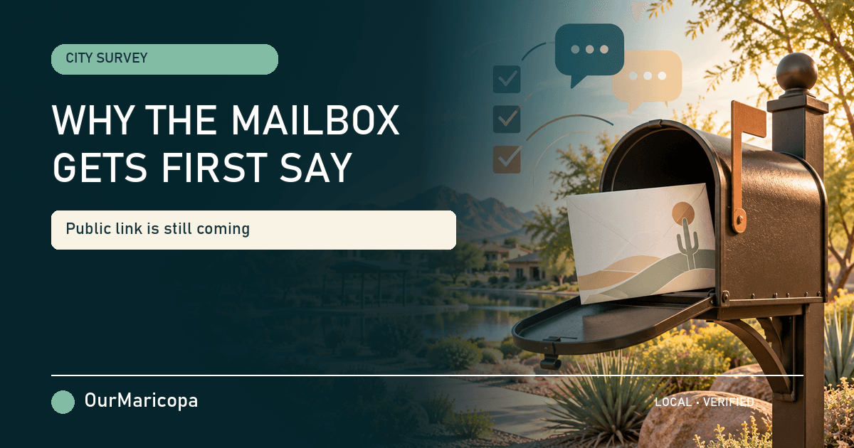 A survey envelope in a desert-neighborhood mailbox, labeled Why the Mailbox Gets First Say and Public Link Is Still Coming.
