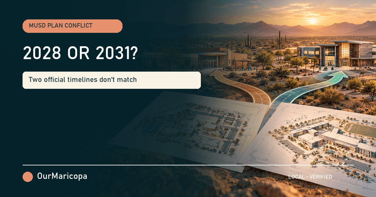 Two school blueprints and diverging paths in a desert campus scene, labeled 2028 or 2031 and Two Official Timelines Don’t Match.