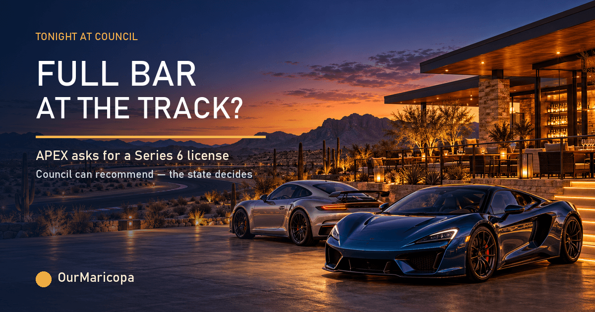 Sports cars parked beside a desert road course and clubhouse at sunset, with the headline Full Bar at the Track?