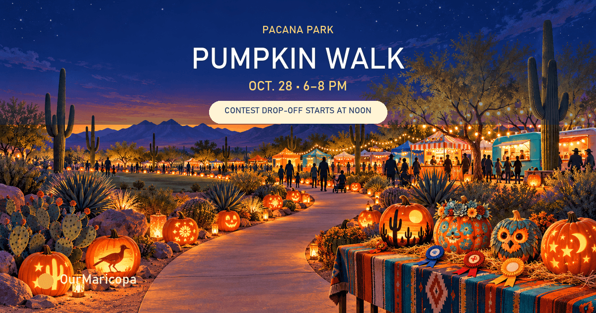 A glowing pumpkin-lined path, contest display and food booths in a desert park at twilight, labeled Pumpkin Walk Oct. 28.