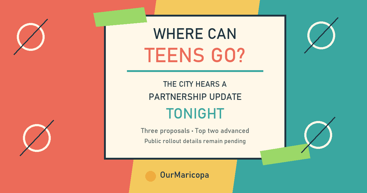 Colorful zine-style graphic asking where Maricopa teens can go and showing an April-to-October partnership timeline.