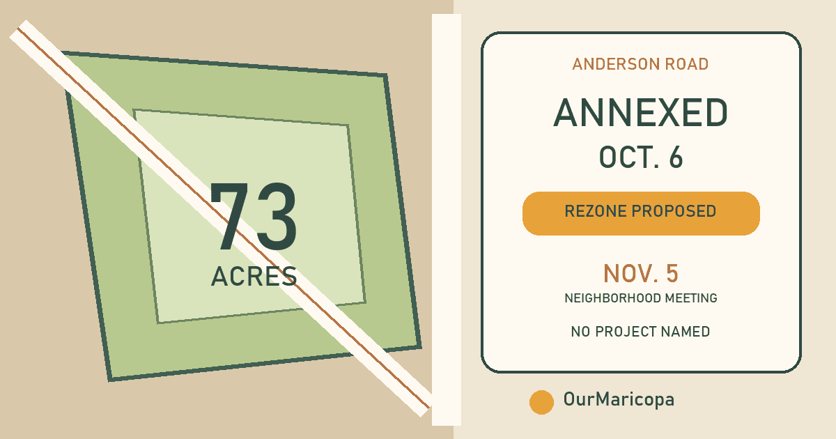 Abstract editorial parcel map labeled 73 acres, annexed Oct. 6 and rezone proposed, with a Nov. 5 neighborhood meeting date.