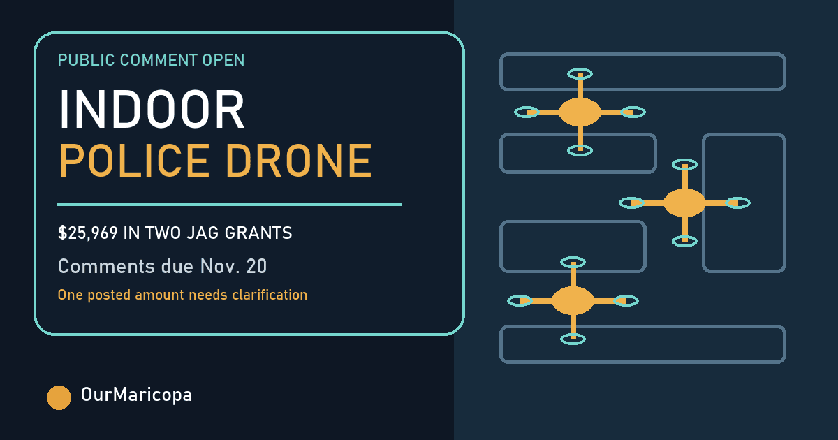 Editorial illustration of three compact drones moving through a building floor plan beside indoor police drone grant figures and the Nov. 20 comment deadline.