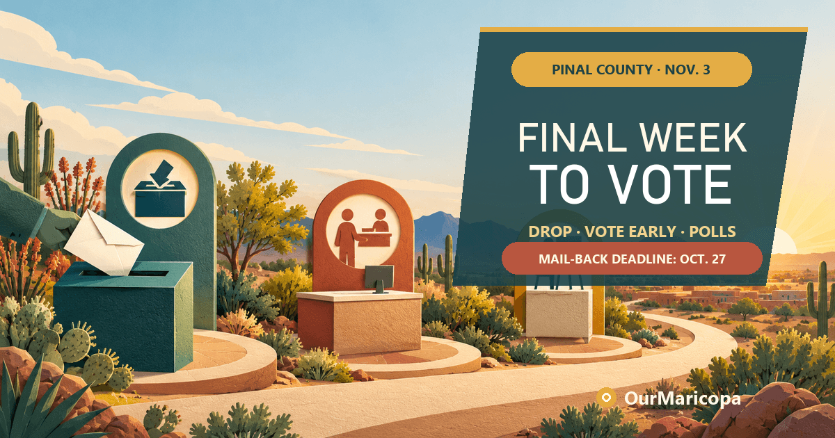 Illustrated final-week voting timeline marking Oct. 27, Oct. 30, Nov. 3 and Nov. 8 for Maricopa voters.