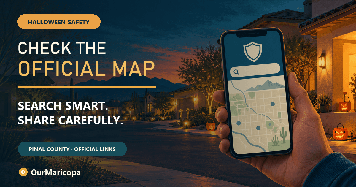 Illustrated parent checking an official safety map on a phone while families trick-or-treat on a well-lit Maricopa street.