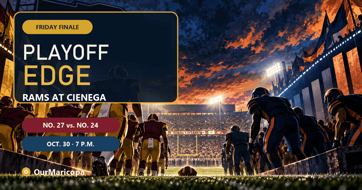 Illustrated nighttime football field showing Maricopa ranked 27th and Cienega 24th at the 5A playoff cutoff.