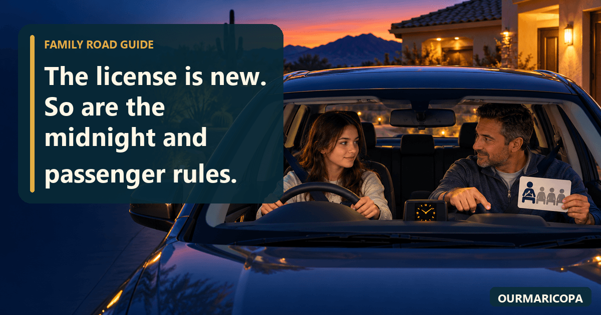 Teen sits behind the left-side steering wheel of a parked car while a parent reviews a clock and passenger-limit card at dusk.