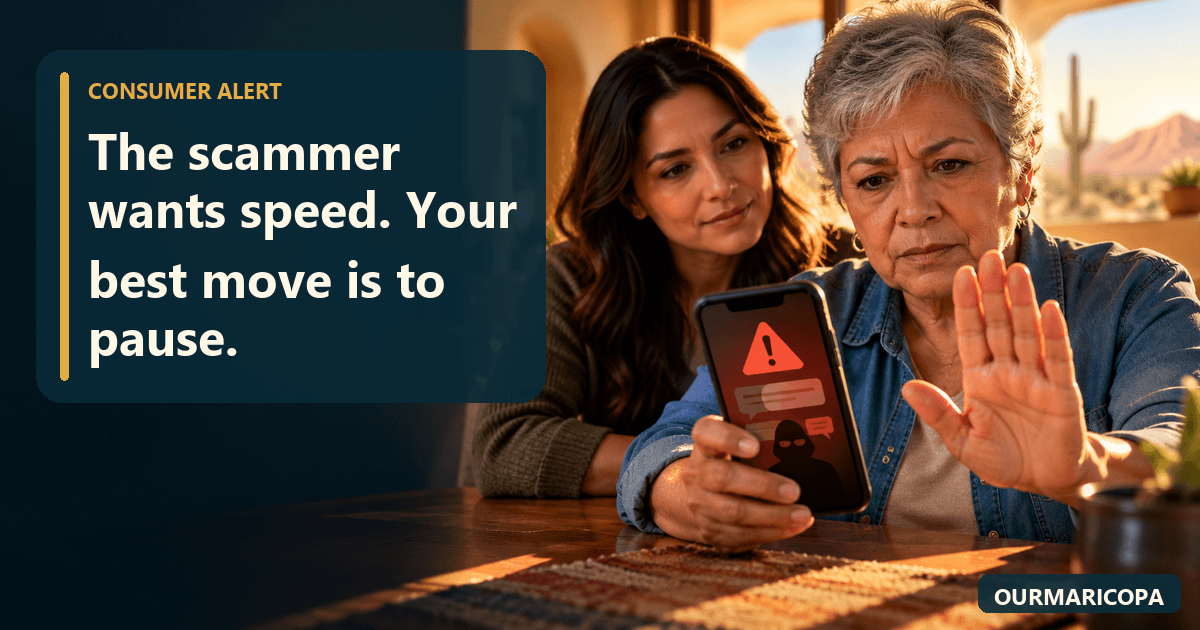 Older adult raises a hand to stop while reviewing a suspicious phone alert with a family member in a Maricopa-style home.
