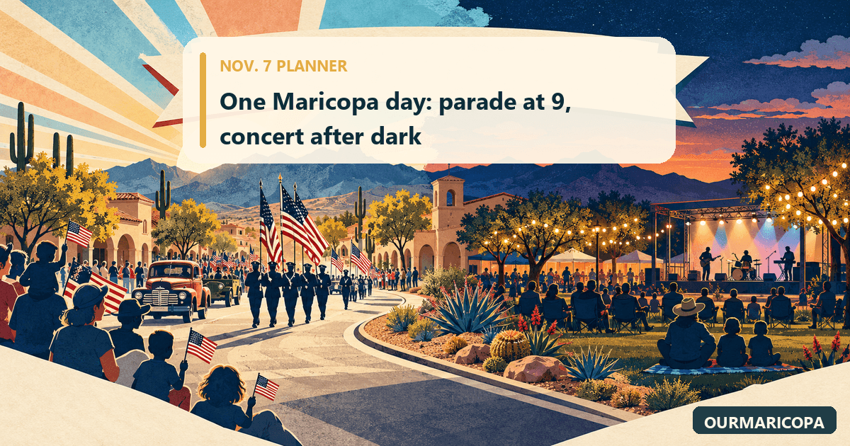Illustrated Maricopa Veterans Day parade at sunrise blending into an outdoor concert under evening string lights.