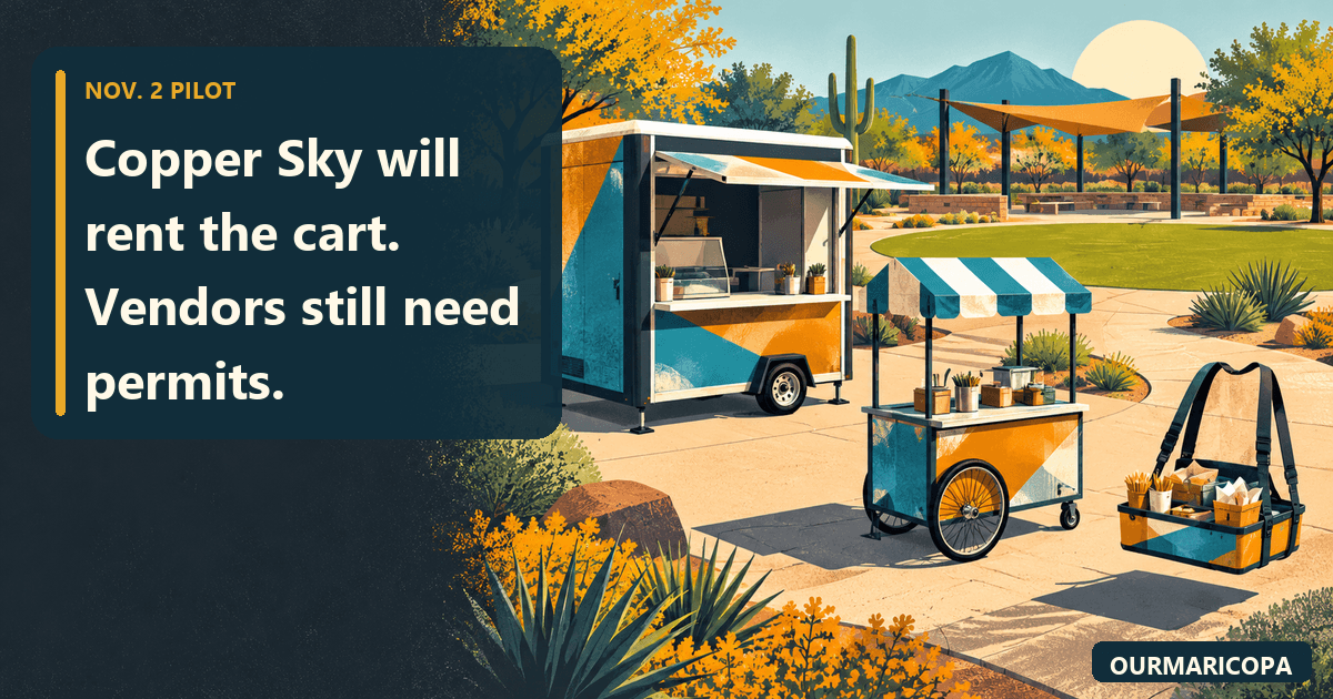 Illustrated Copper Sky plaza with a mobile kiosk, wheeled vending cart and carrying tray beside a headline about the Nov. 2 pilot.