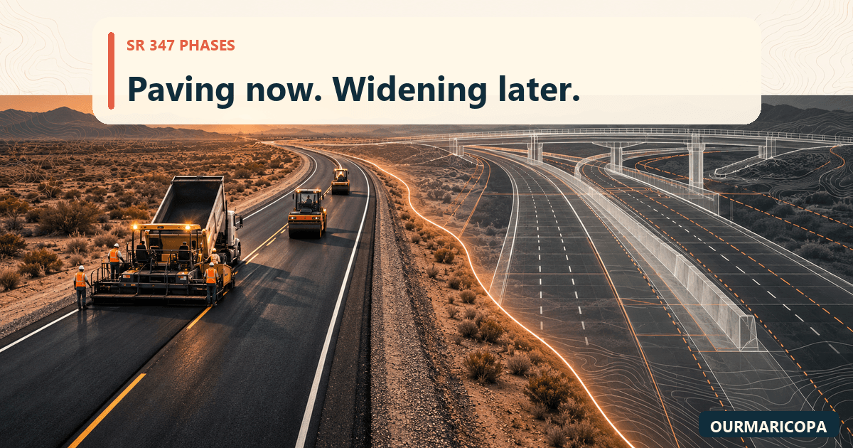 Split illustration of a paving crew on existing SR 347 beside translucent future lanes and an interchange, with the words Paving now, widening later.