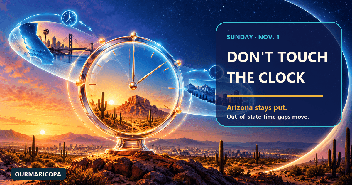 Glowing Arizona desert clock with orbiting California and Mountain-region shapes beside the words “Don’t touch the clock.”