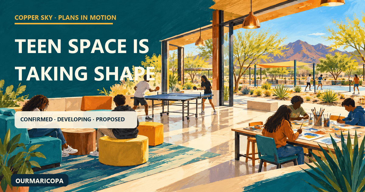 Illustrated flexible Copper Sky teen room with art tables, ping-pong and outdoor pickleball beside the headline “Teen space is taking shape.”