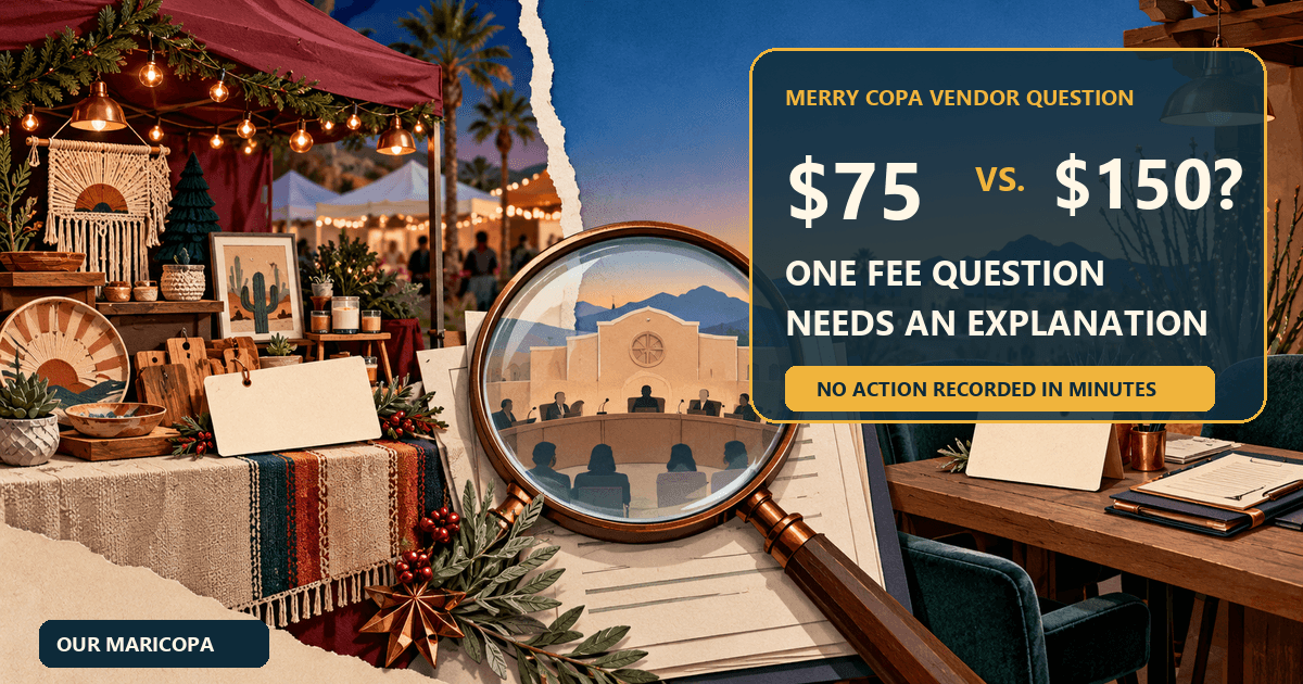 Holiday-market product booth and service table separated by a magnifying glass, with a headline asking about $75 versus $150 Merry Copa vendor fees.
