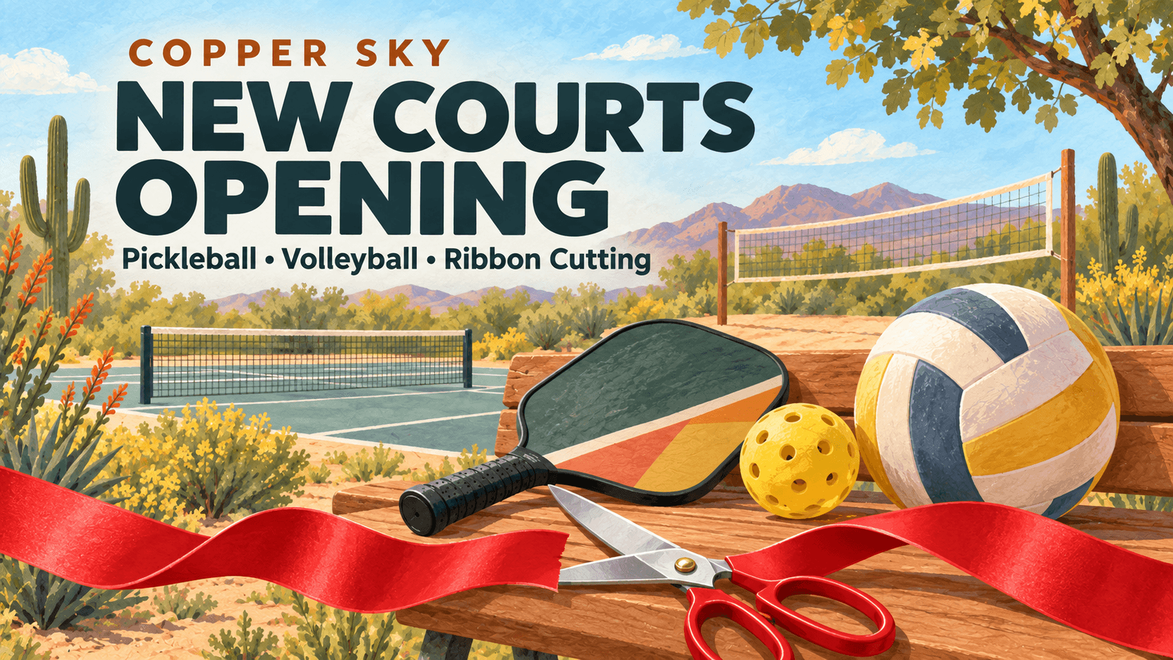 Illustration of a pickleball paddle, perforated pickleball and volleyball on a park bench in a desert landscape.