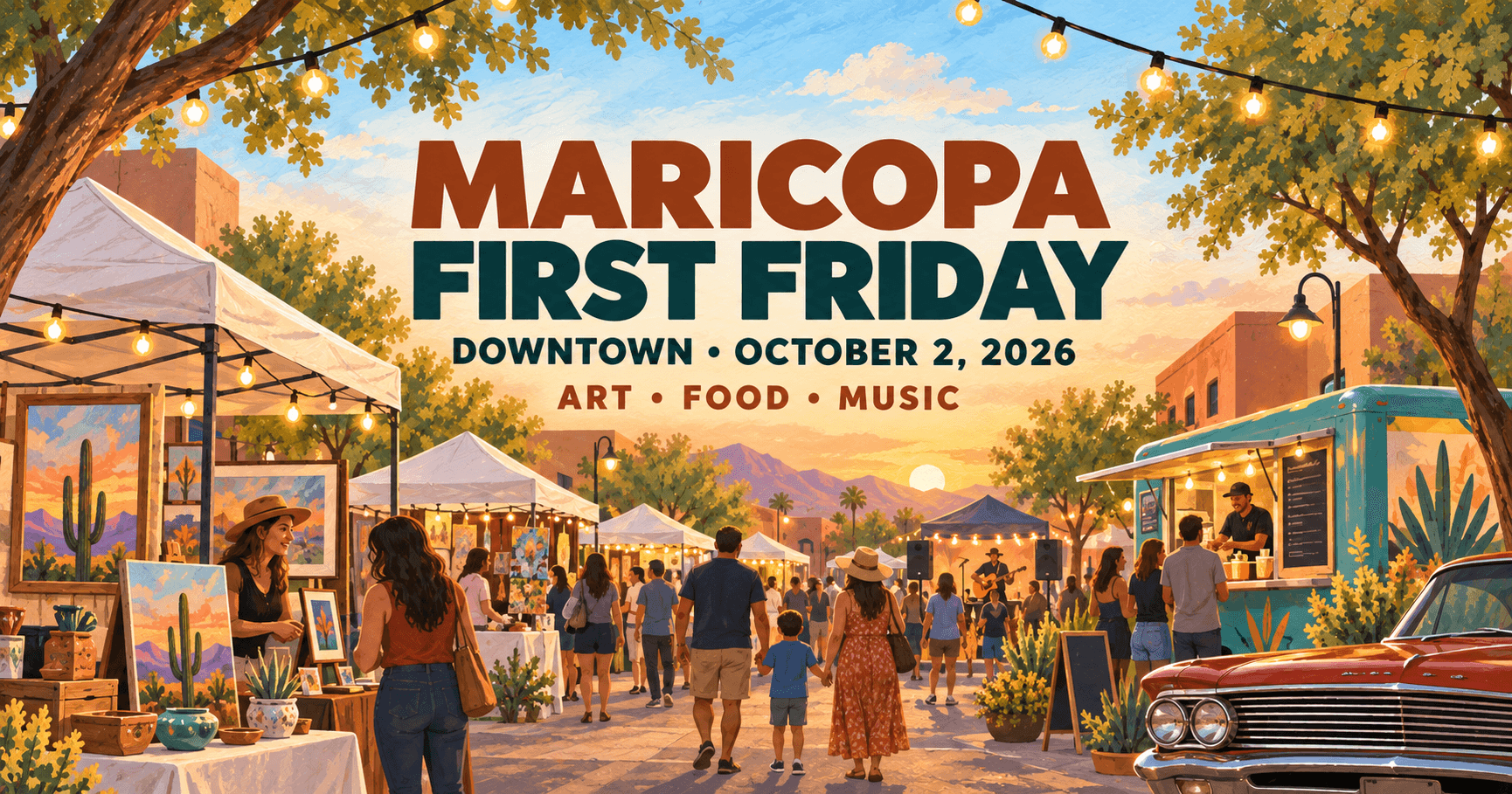 An editors illustration of a downtown market and event withe vendors and shoppers