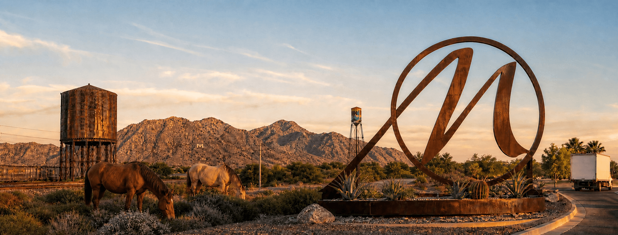 Maricopa, Arizona landmarks with water towers, the mountain M, roadside M sculpture, wild mustangs, and a moving truck at golden hour.