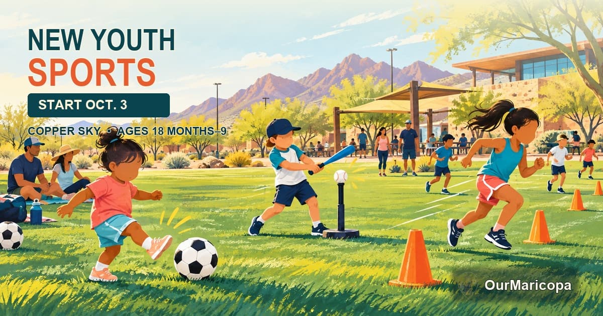Illustrated children playing soccer, T-ball and running at Copper Sky with the headline New Youth Sports, start Oct. 3.