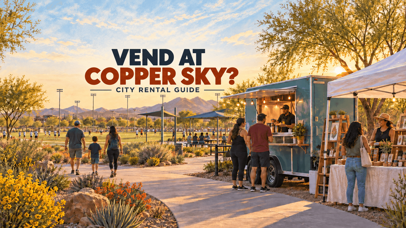 Illustration of a vendor booth and food truck at an Arizona park with the headline “Vend at Copper Sky? City rental guide.”