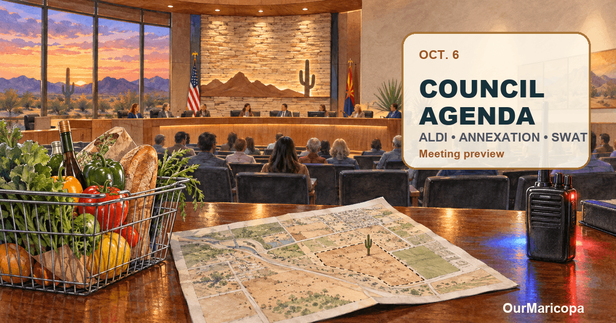 Illustrated Maricopa-style council chamber with a grocery basket, land map and radio in the foreground, labeled Oct. 6 Council Agenda.