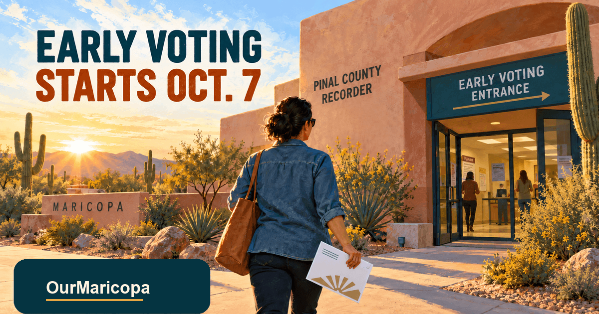 Illustrated Maricopa voter approaching a Pinal County early-voting entrance at sunrise, with Early Voting Starts Oct. 7 headline.