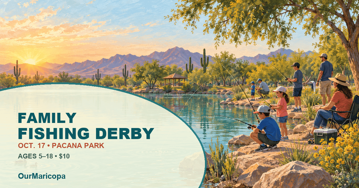Painted desert-lake scene with children and adults fishing from shore, labeled Family Fishing Derby, Oct. 17, Pacana Park.