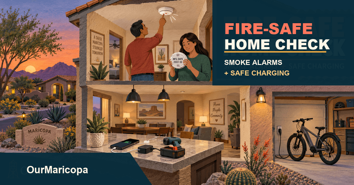 Illustrated Maricopa home showing residents testing smoke alarms and charging devices on a hard counter, with Fire-Safe Home Check headline.