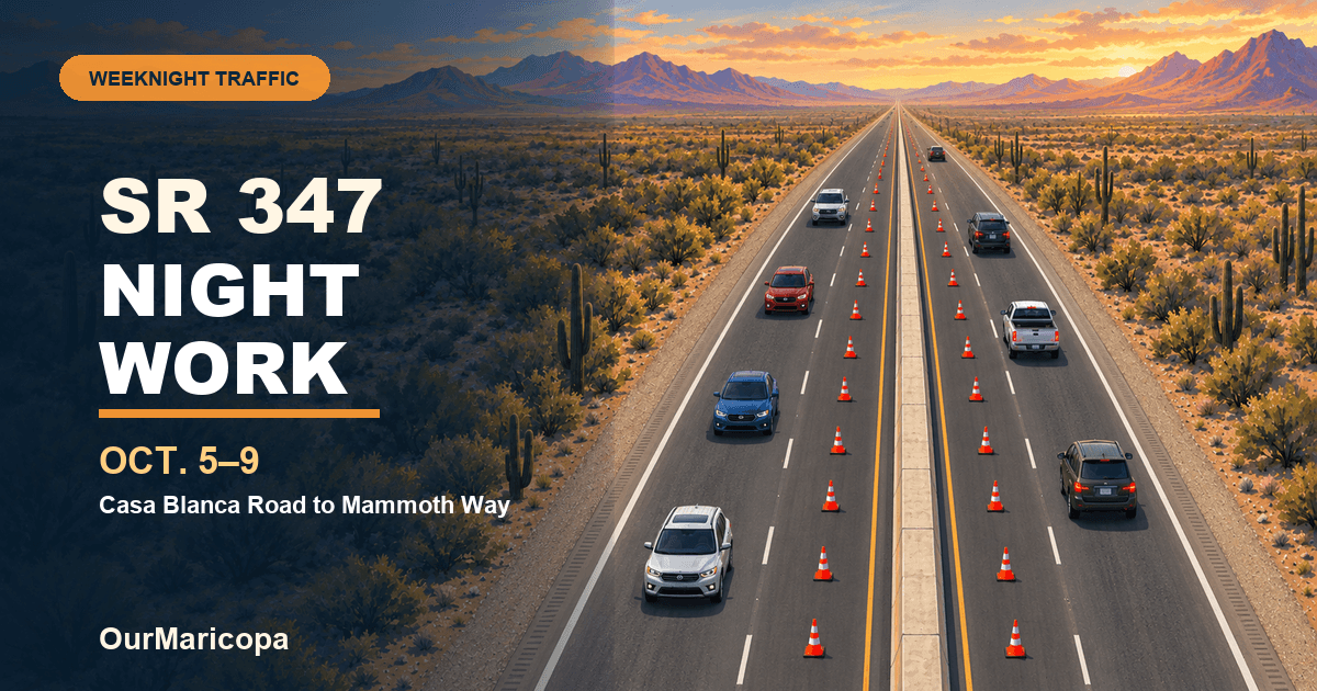 Illustrated divided SR 347 at sunset with two lanes per direction, opposing traffic, one coned lane each way and Oct. 5–9 night-work headline.