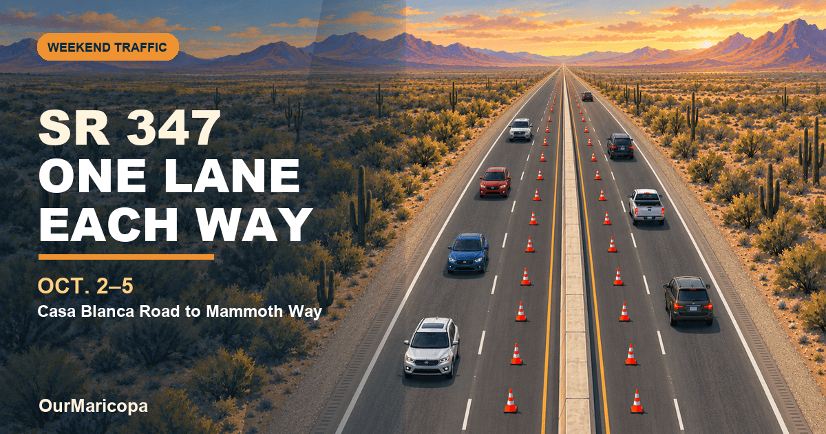 Illustrated SR 347 with four lanes, cones and traffic moving both north and south.