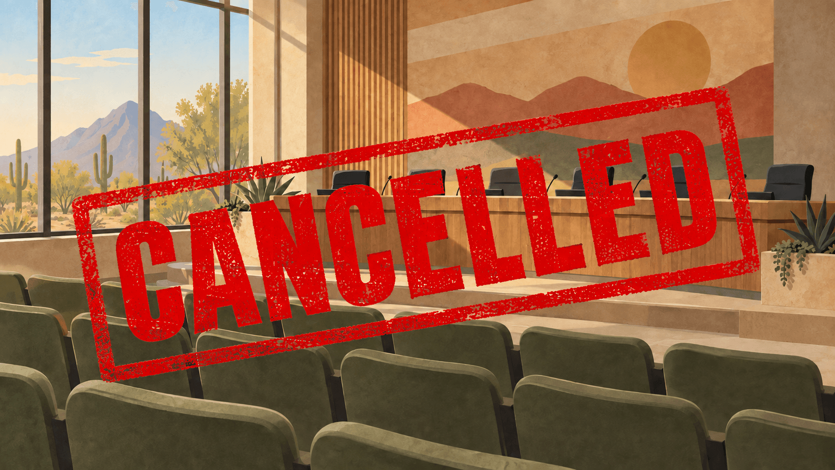 AI-generated illustration of empty council seats facing a wood dais in warm desert light; a conceptual chamber.