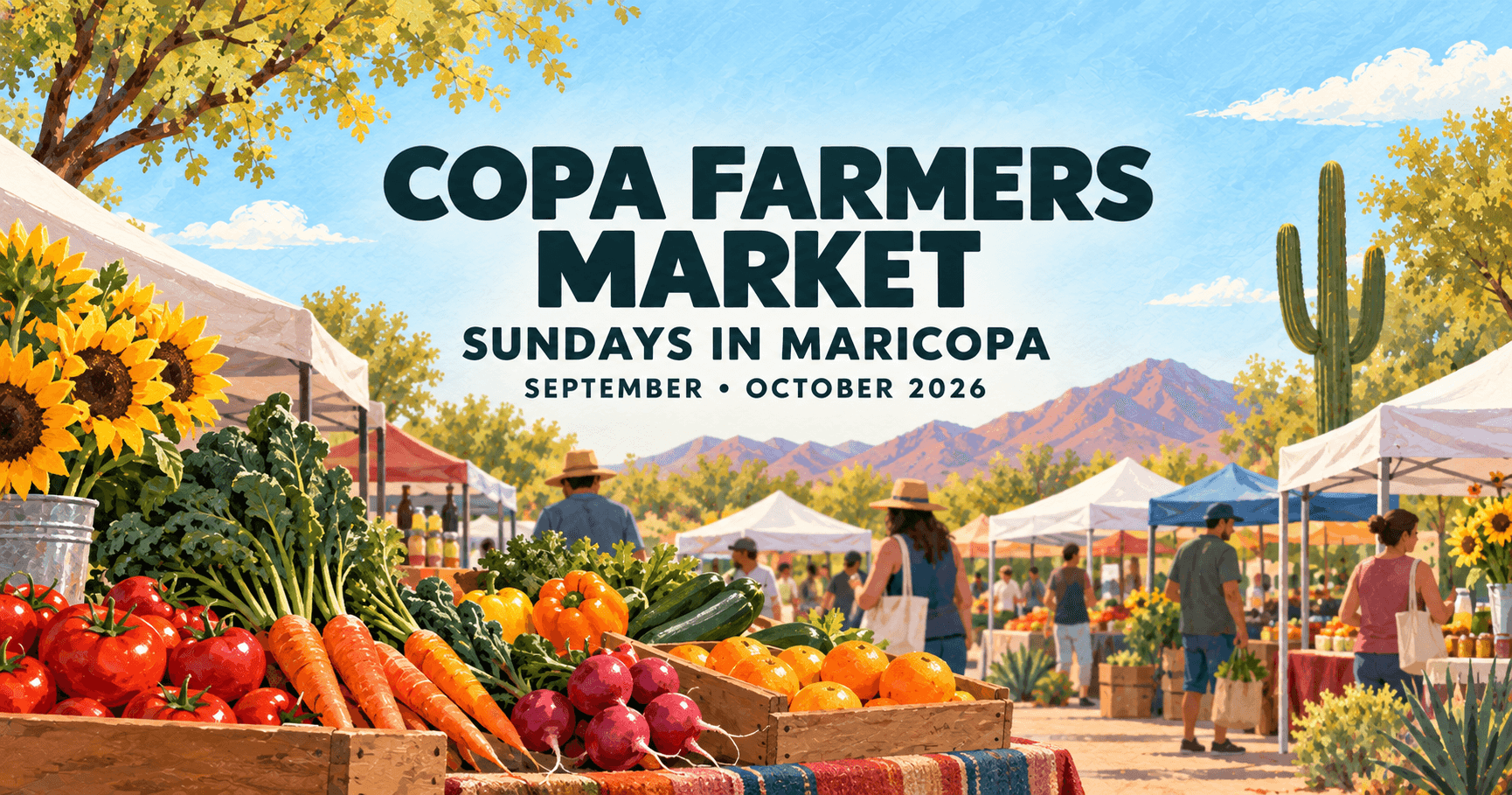 An editors illustration of an outdoor farmers market with vendors and shoppers
