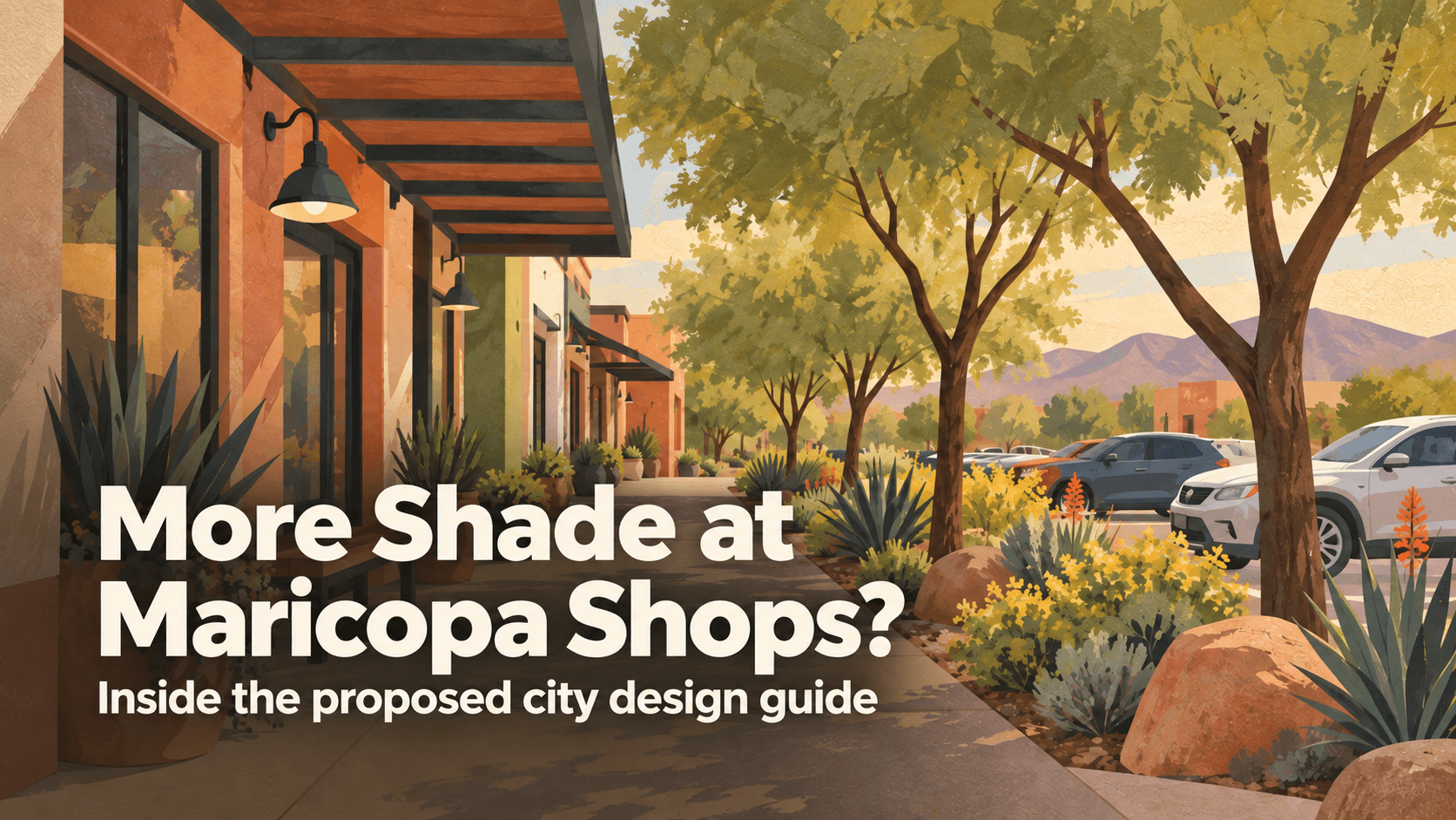 AI-generated illustration of shaded shop entrances and a pedestrian walkway separated from parked cars by desert planting.