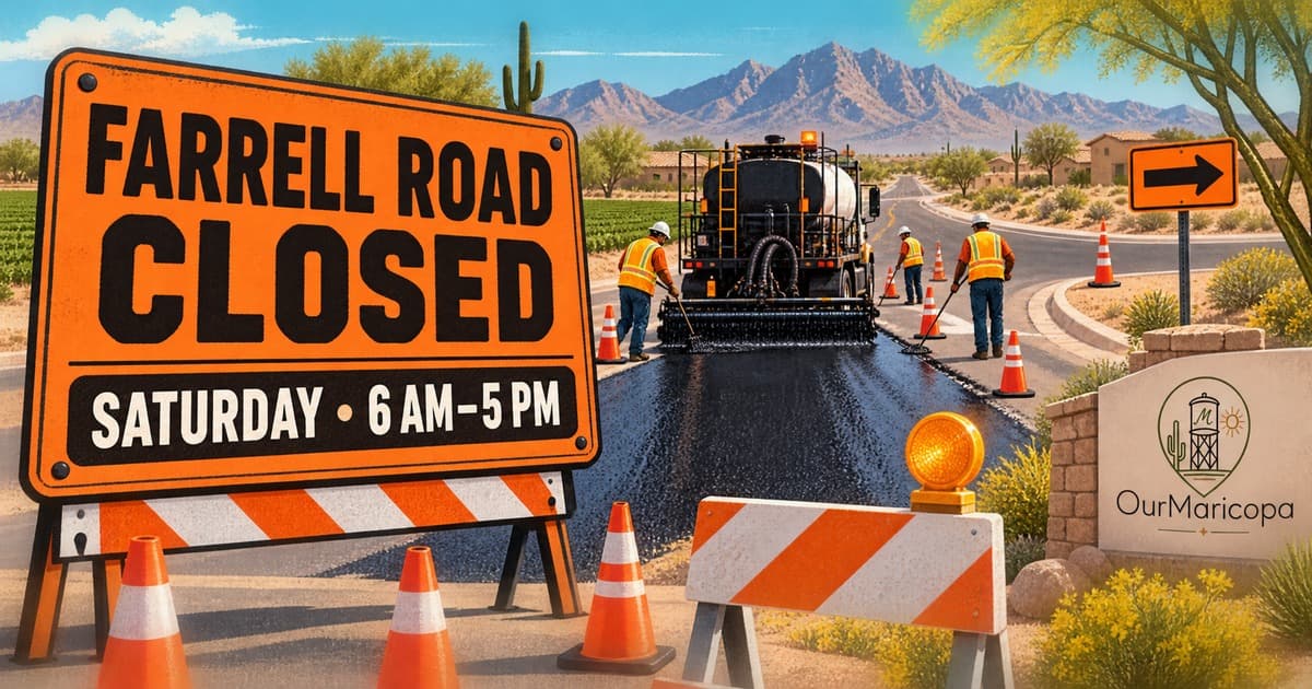 Illustrated road crew resurfacing a desert road behind a sign reading Farrell Road Closed, Saturday, 6 a.m. to 5 p.m.