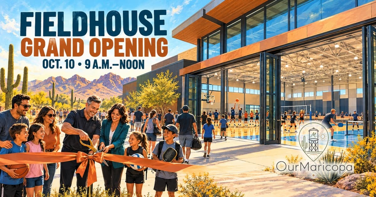 Illustrated indoor sports fieldhouse with basketball, volleyball and pickleball play and a ribbon cutting, labeled with the Oct. 10 opening time.