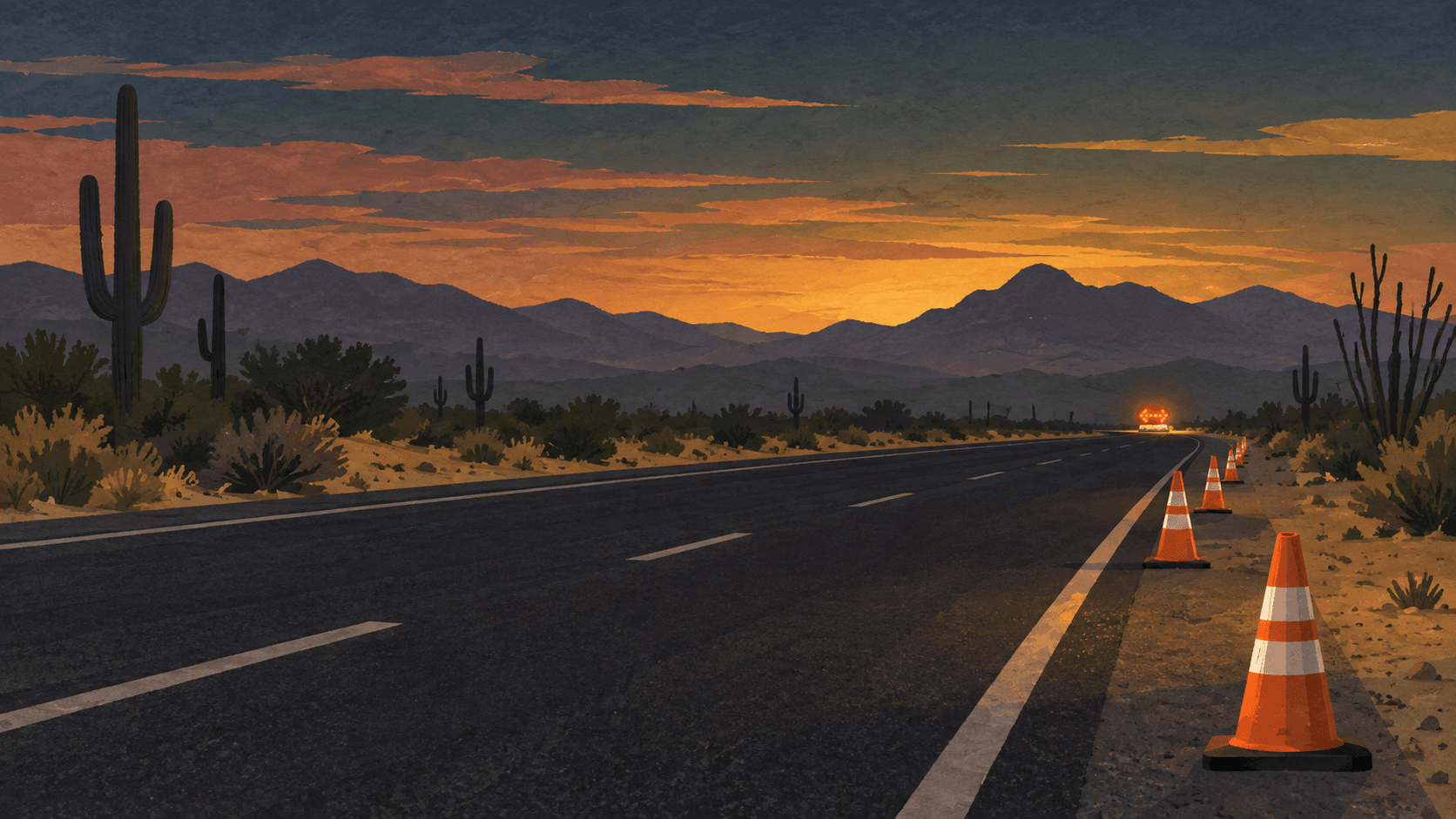 Editorial illustration of orange traffic cones beside a desert highway at dusk.