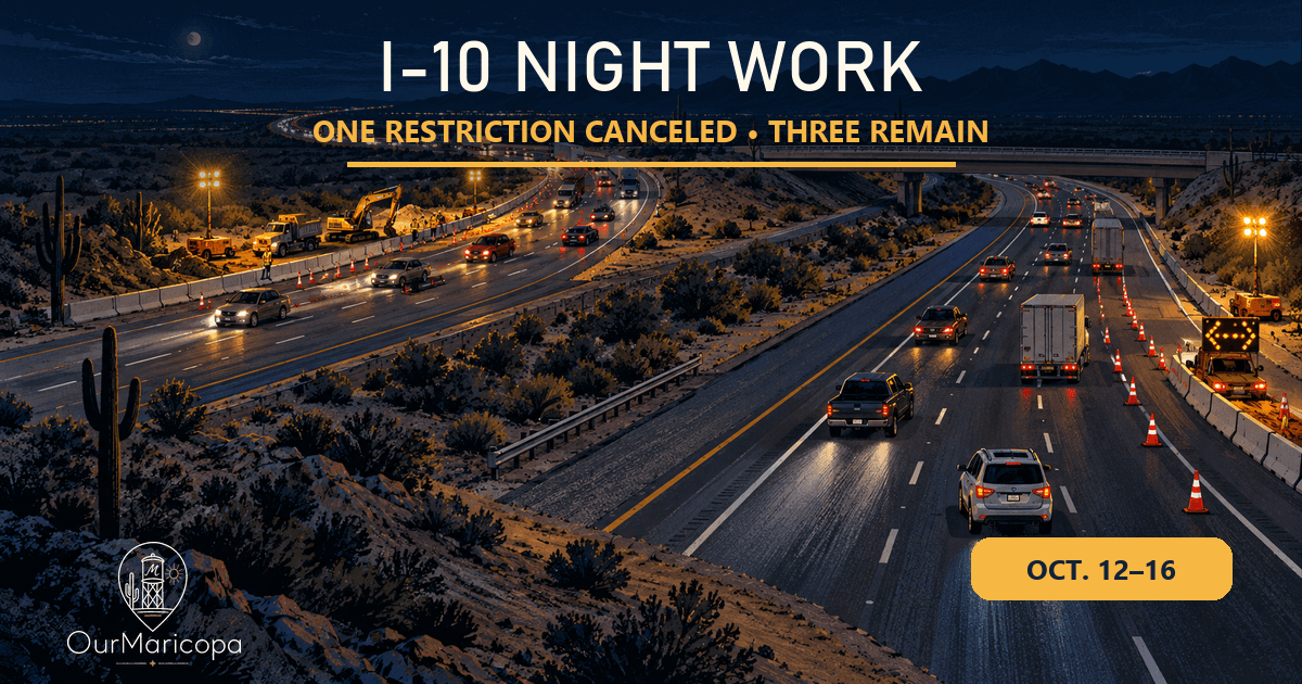Illustrated six-lane I-10 at night with opposing traffic through cone tapers, labeled I-10 Night Work: One Restriction Canceled, Three Remain.