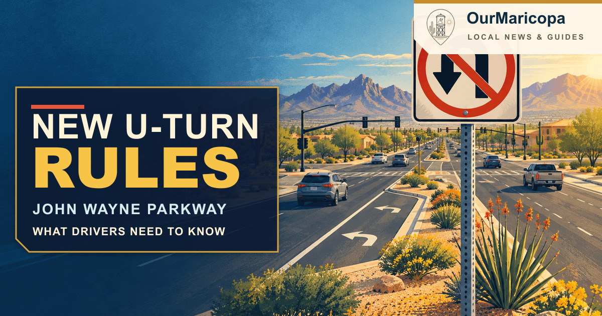 Illustrated John Wayne Parkway corridor with a no-U-turn sign and text reading New U-Turn Rules, branded OurMaricopa.